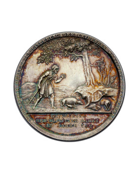Stříbrná medaile z roku 1806 s výjevem – Objevení léčivého pramene Teplice