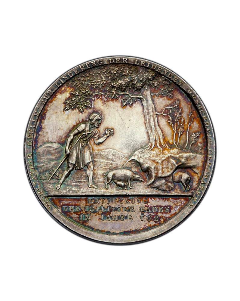 Stříbrná medaile z roku 1806 s výjevem – Objevení léčivého pramene Teplice